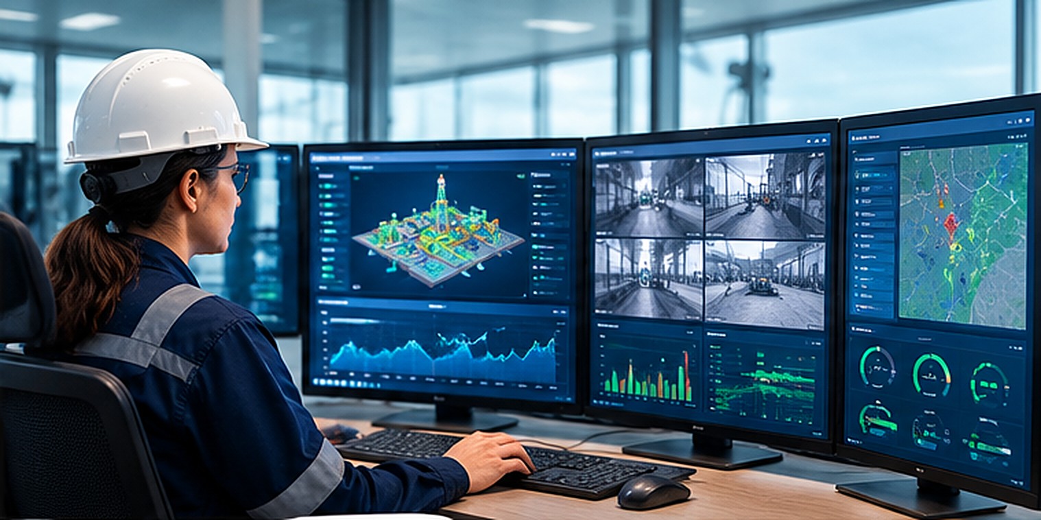 مهندسة تراقب لوحات العمليات على عدة شاشات