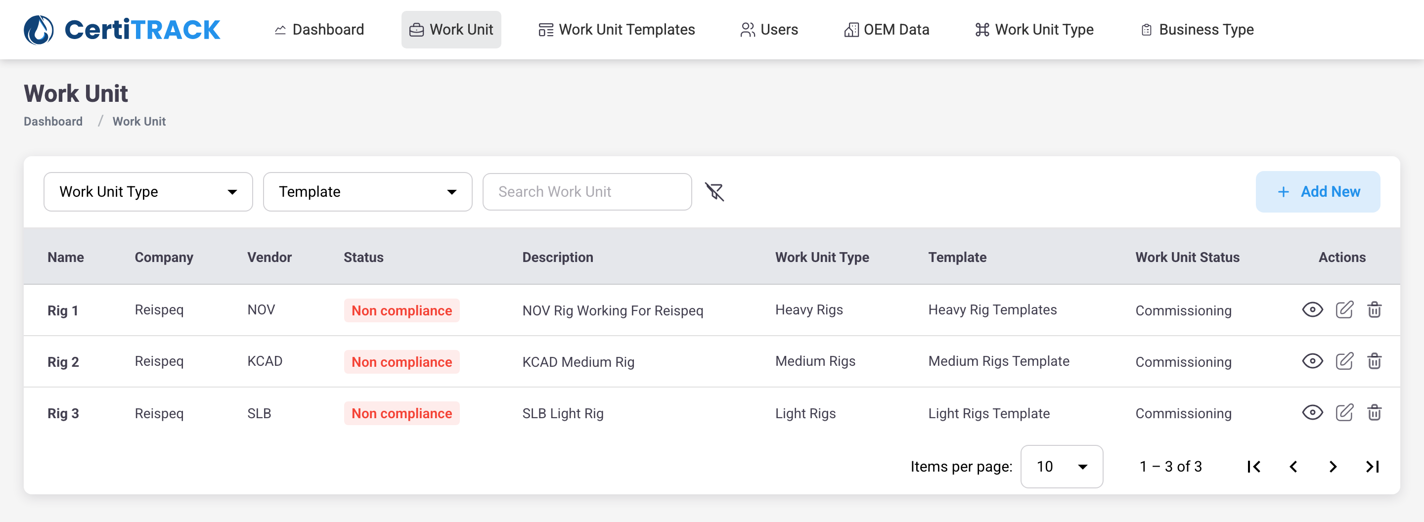 Every rig and workover unit with its vendor, template and current compliance status.